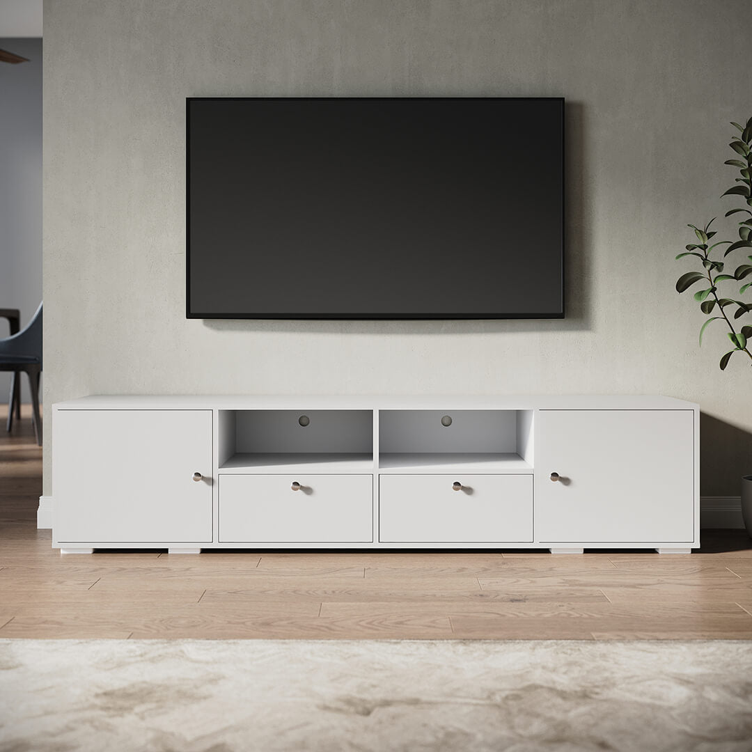 1800mm White TV Cabinet Entertainment Unit Stand with 2 open storage