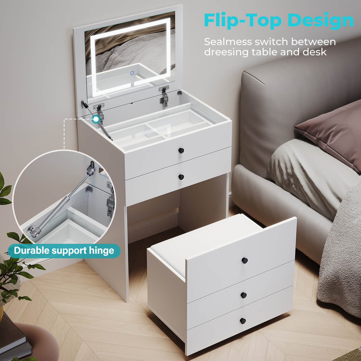 Dressing Table Bedside Tables 2-in-1 Set Hidden Makeup Mirror Storage Drawers