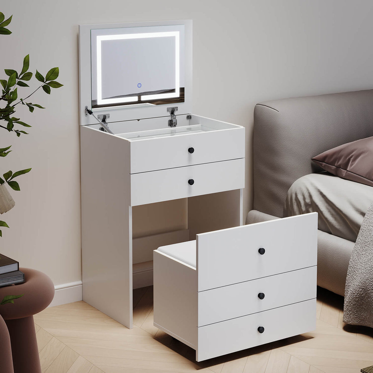 Dressing Table Bedside Tables 2-in-1 Set Hidden Makeup Mirror Storage Drawers