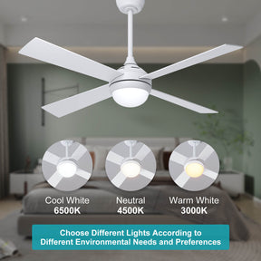 White 1320mm With 3 Colors LED Light 4 Blades Ceiling Fan AC Motor