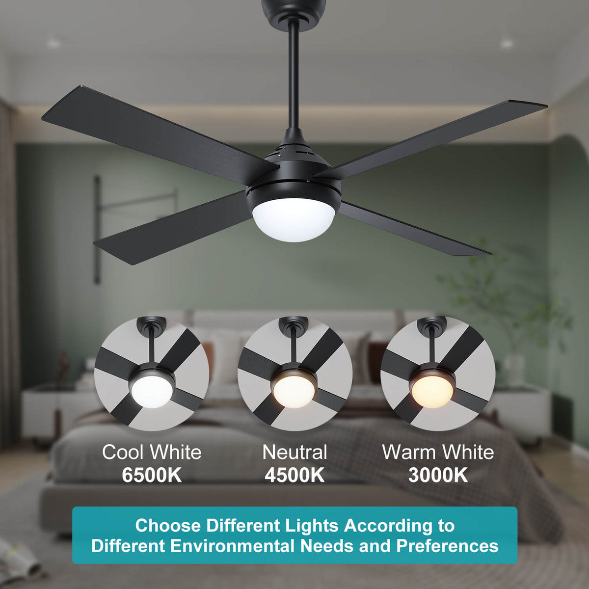 Black 1320mm With 3 Colors LED Light 4 Blades Ceiling Fan AC Motor