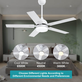 White 1320mm With 3 Colors LED Light 5 Blades Ceiling Fan AC Motor