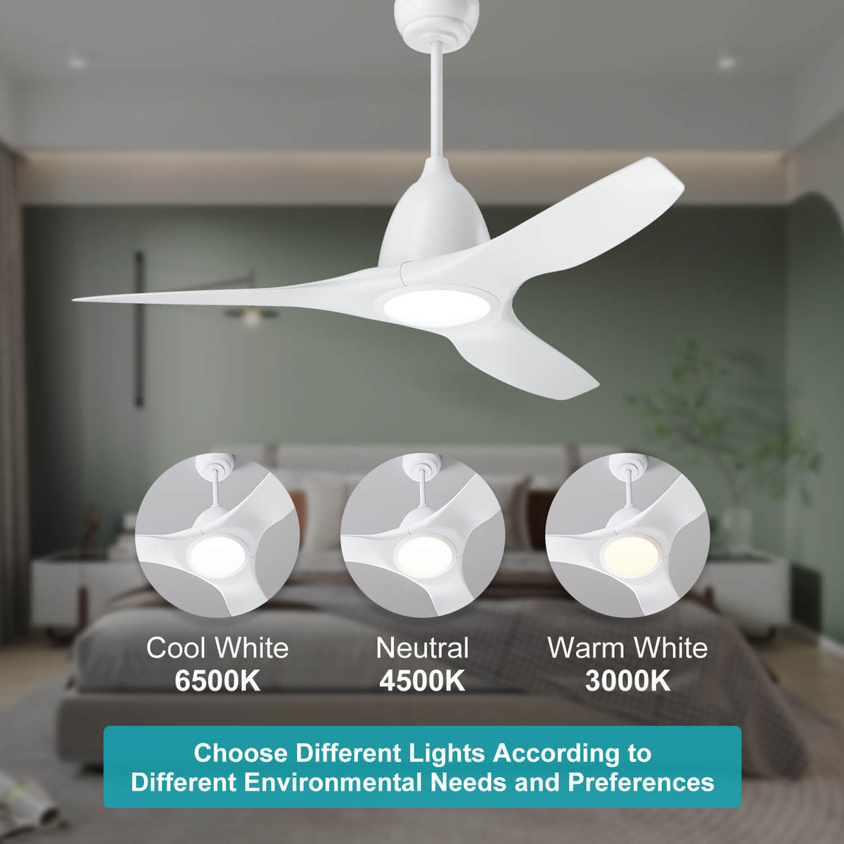 White 1630mm With 3 Colors LED Light 3 Blades Ceiling Fan DC Motor