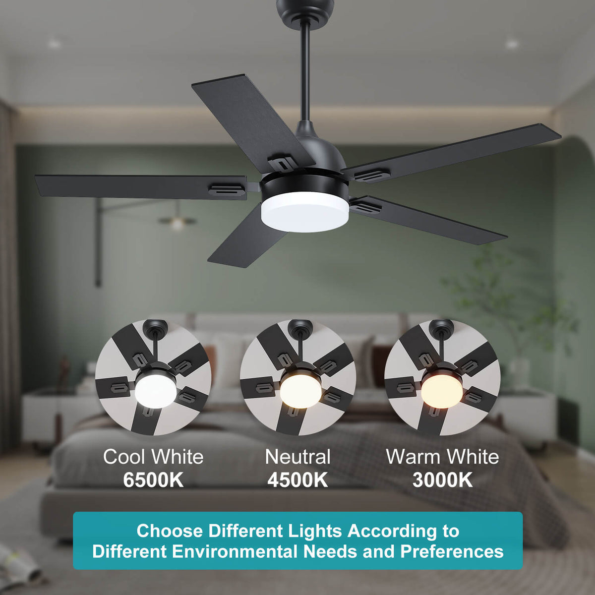 Black 1320mm With 3 Colors LED Light 5 Blades Ceiling Fan AC Motor