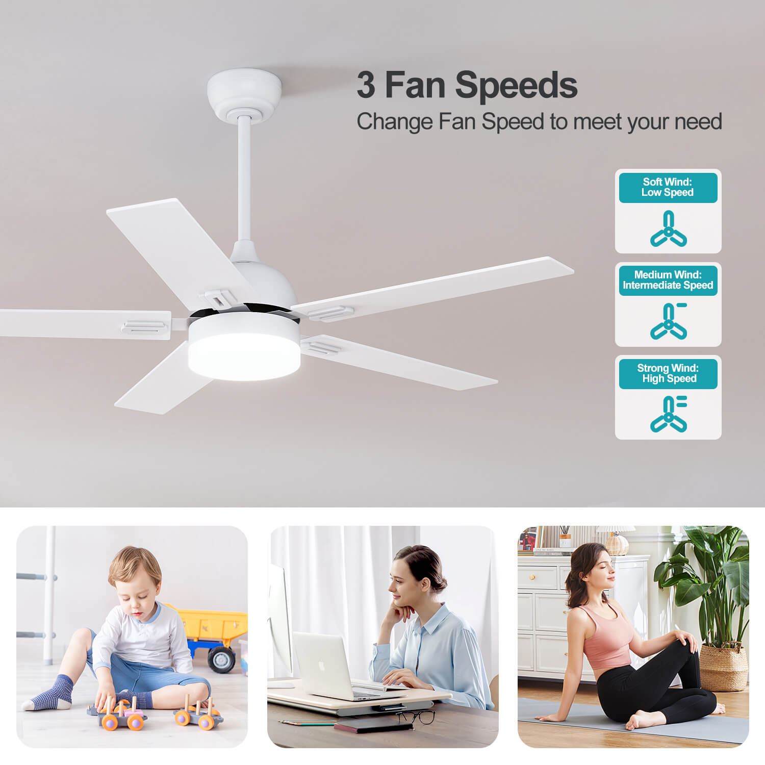 White 1320mm With 3 Colors LED Light 5 Blades Ceiling Fan AC Motor