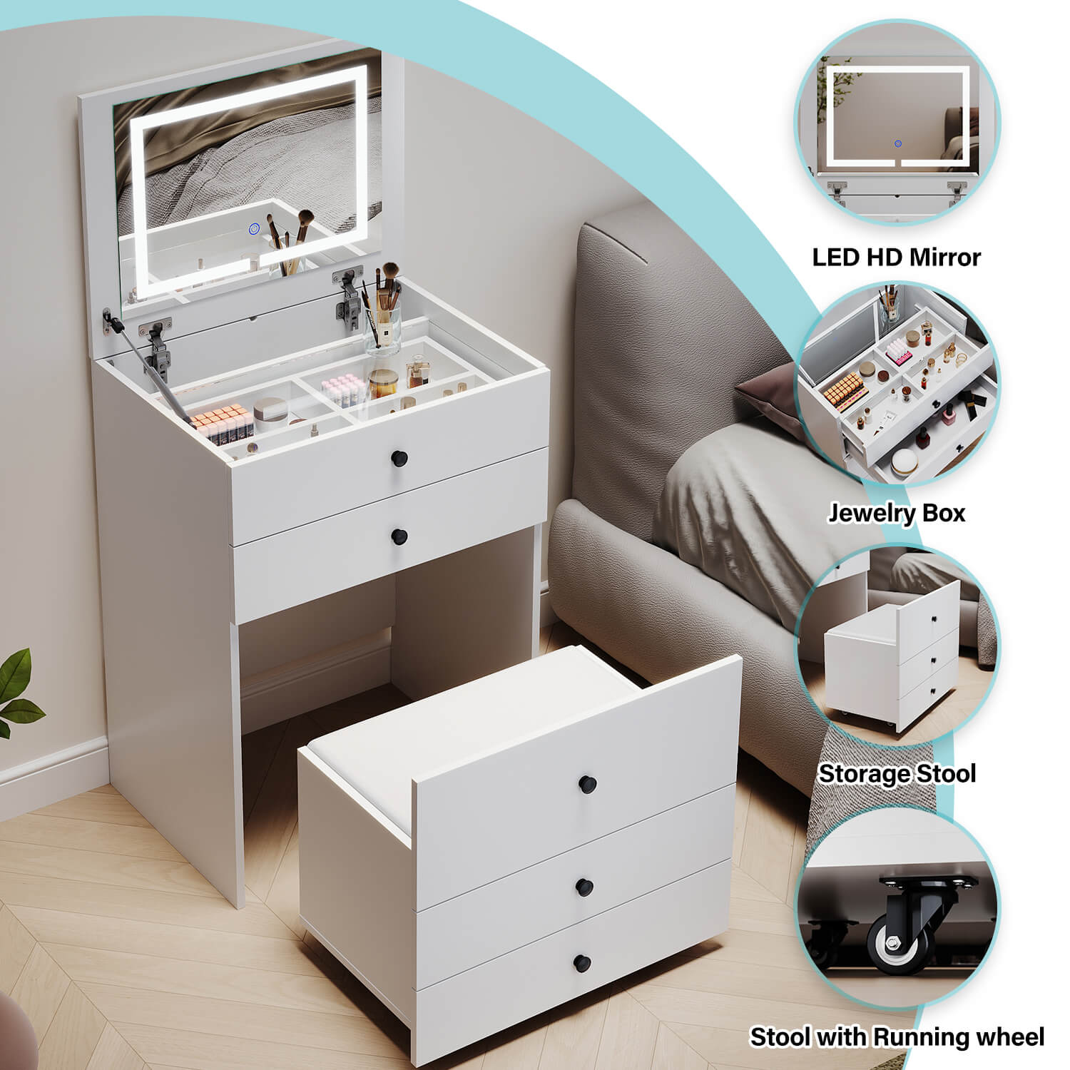 Dressing Table Bedside Tables 2-in-1 Set Hidden Makeup Mirror Storage Drawers