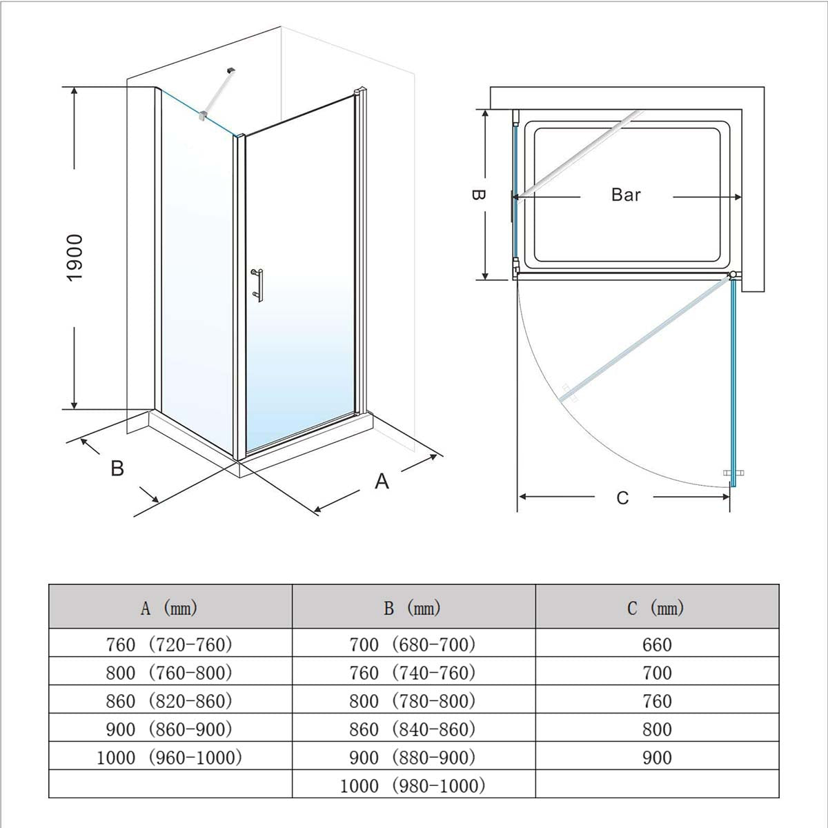 ELEGANT SHOWERS Bathroom Frameless Pivot Shower Screen