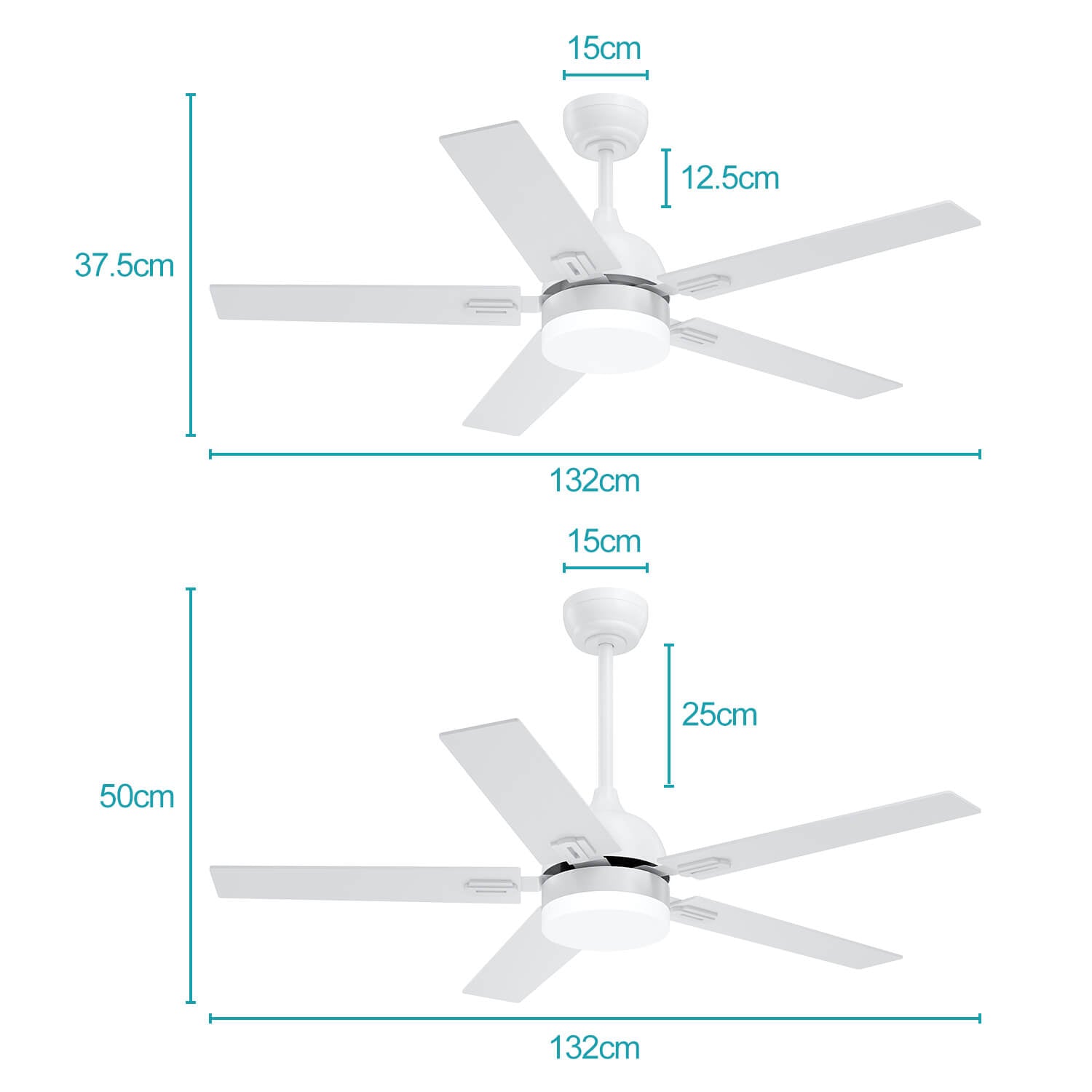 White 1320mm With 3 Colors LED Light 5 Blades Ceiling Fan AC Motor