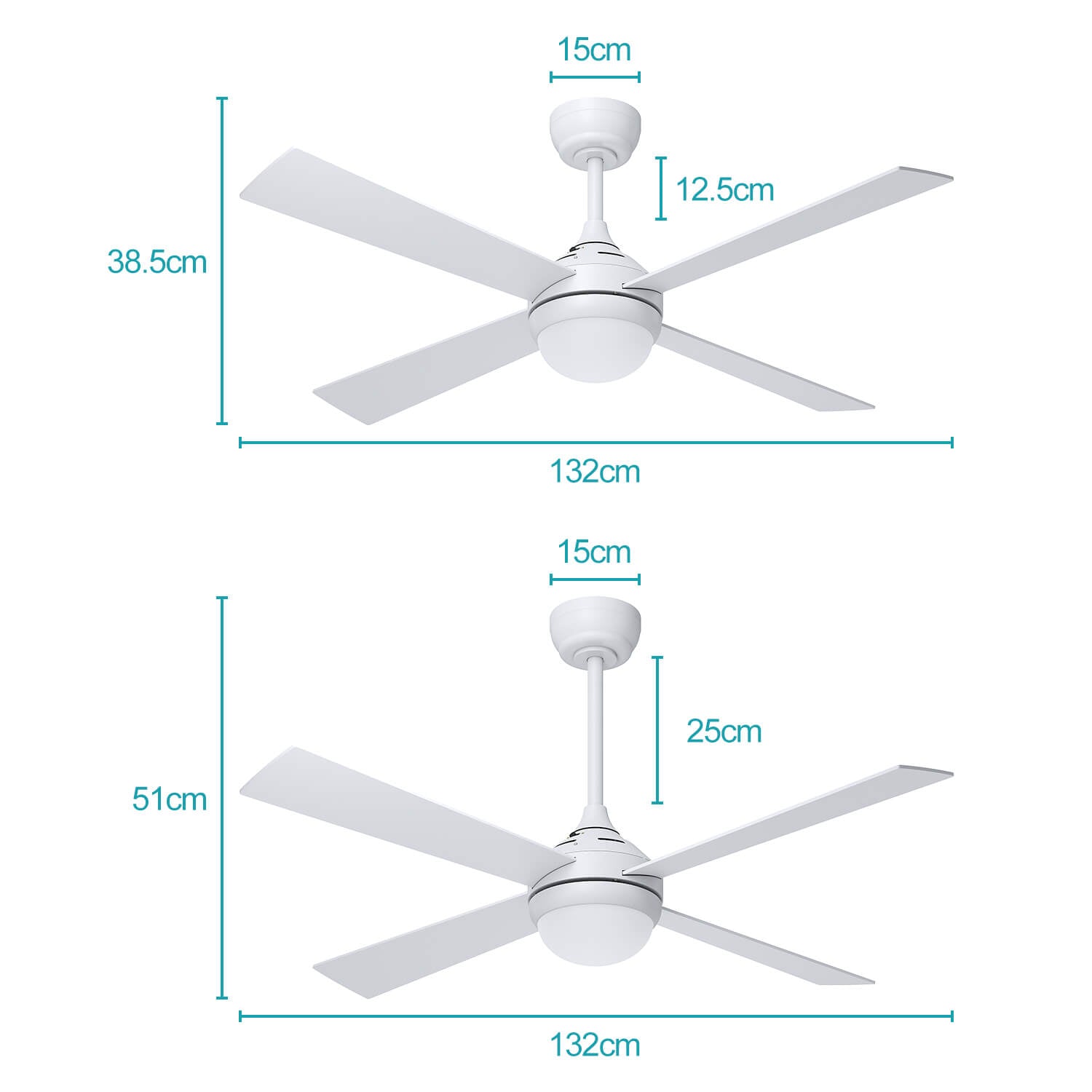 White 1320mm With 3 Colors LED Light 4 Blades Ceiling Fan AC Motor