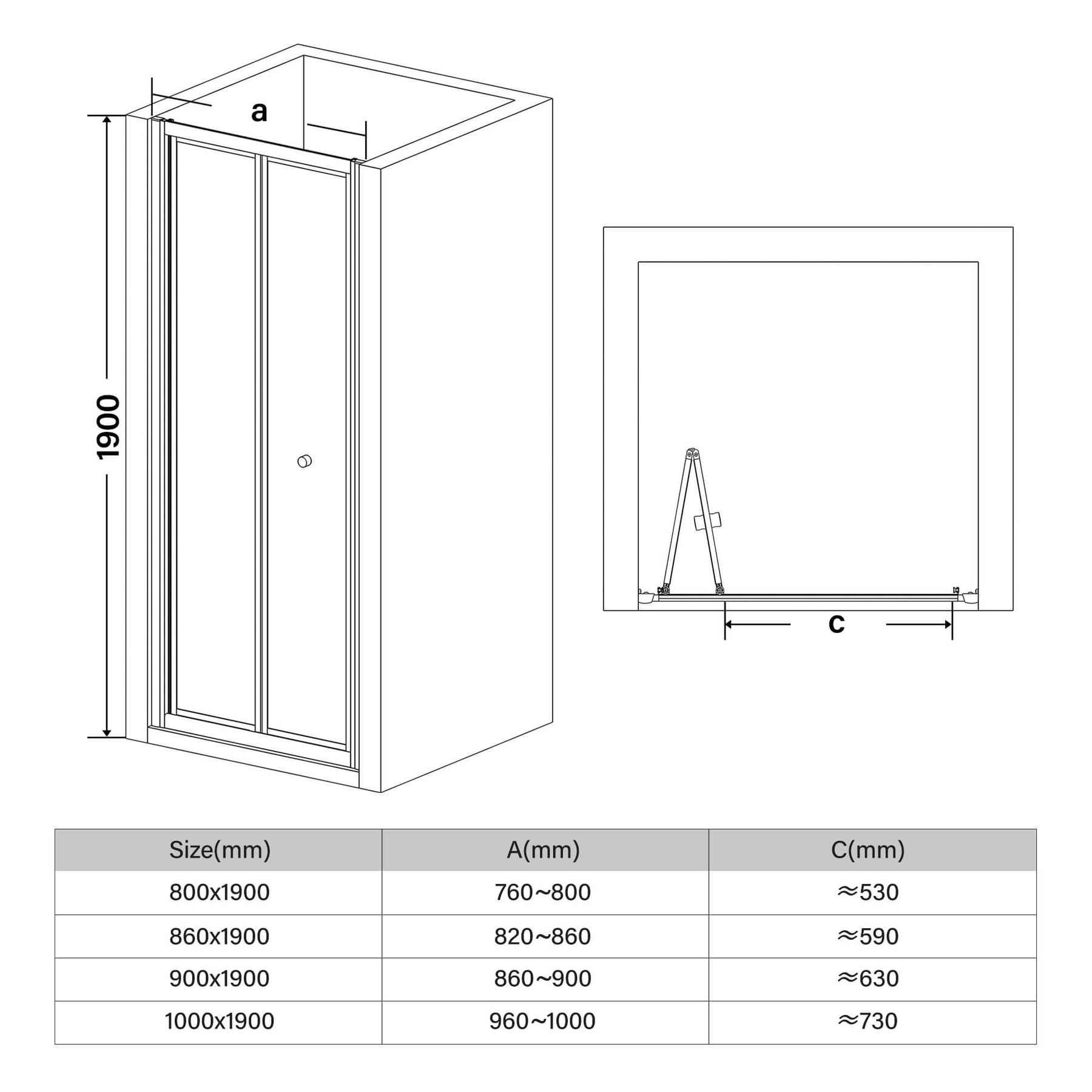 800/860/900/1000mm Framed Bifold Shower Door Wall to Wall Adjustable Fits