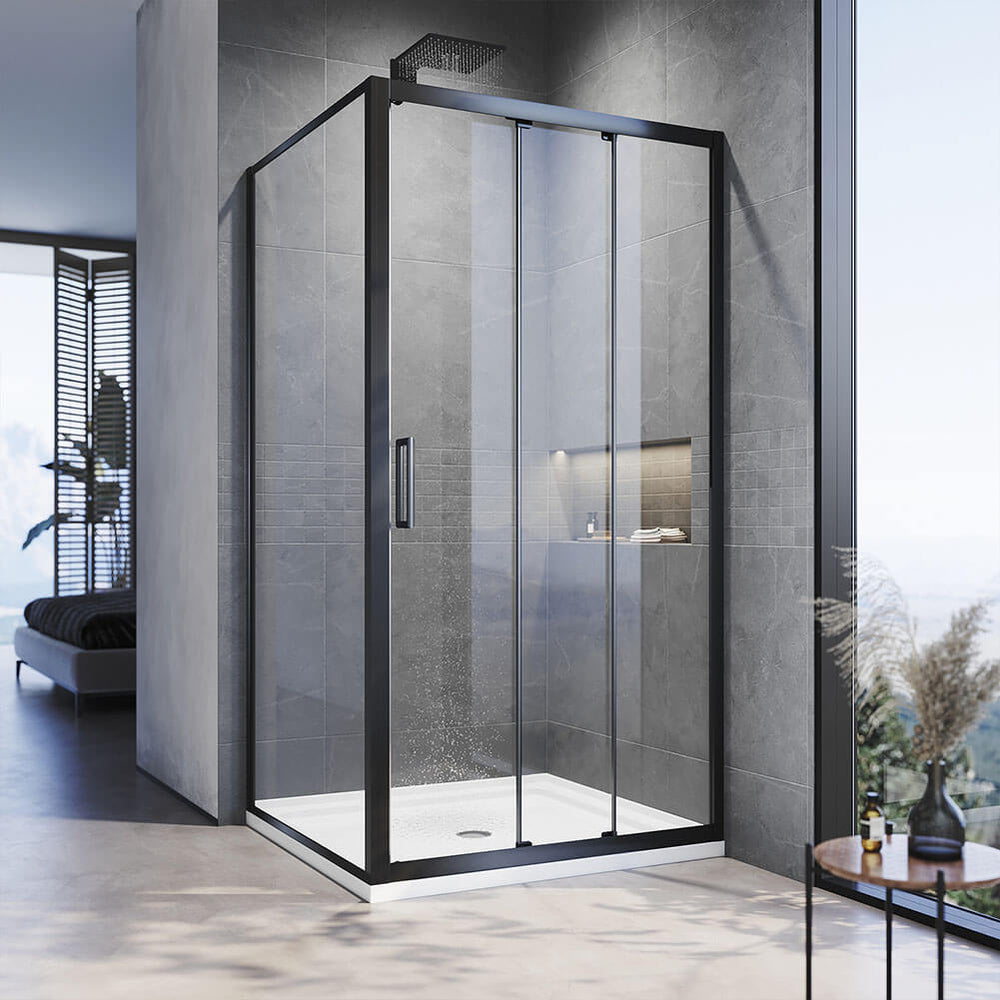 Black 3 Panel Sliding Door with Side panel Shower Enclosure