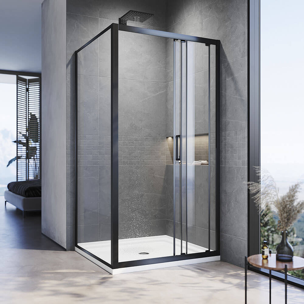 Black 3 Panel Sliding Door with Side panel Shower Enclosure