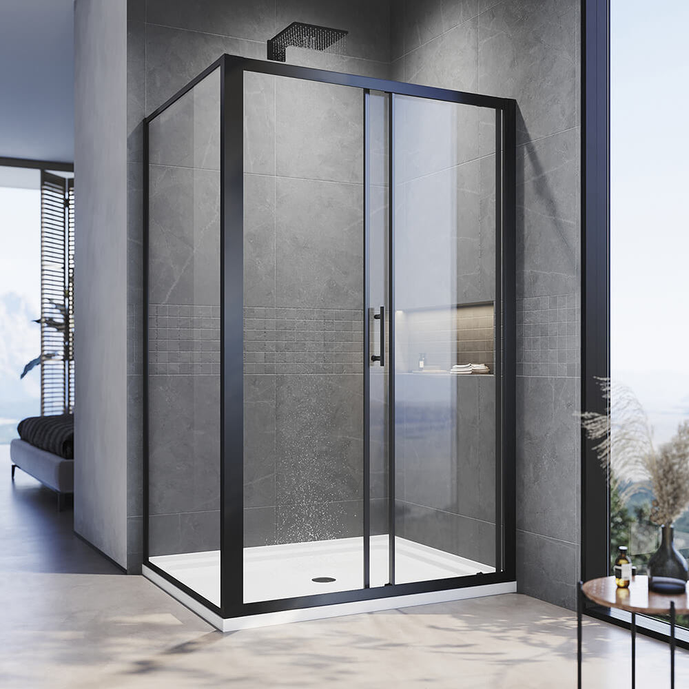 Black Framed 2 Panel Shower Enclosure Sliding Screen