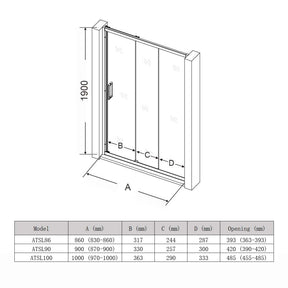 Black Corner 3 Panel Shower Screen Sliding Door Safety Enclosure