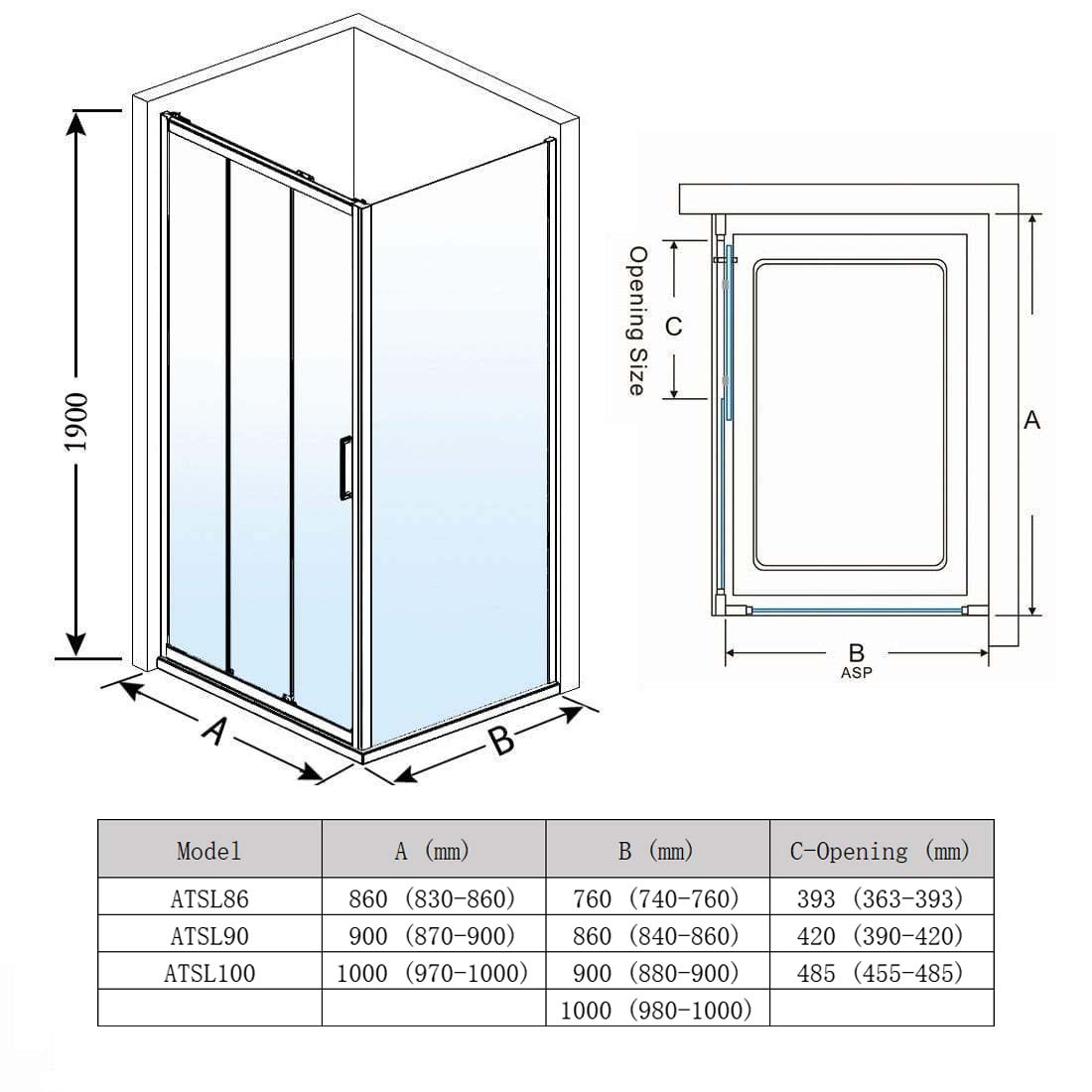 Black 3 Panel Sliding Door with Side panel Shower Enclosure