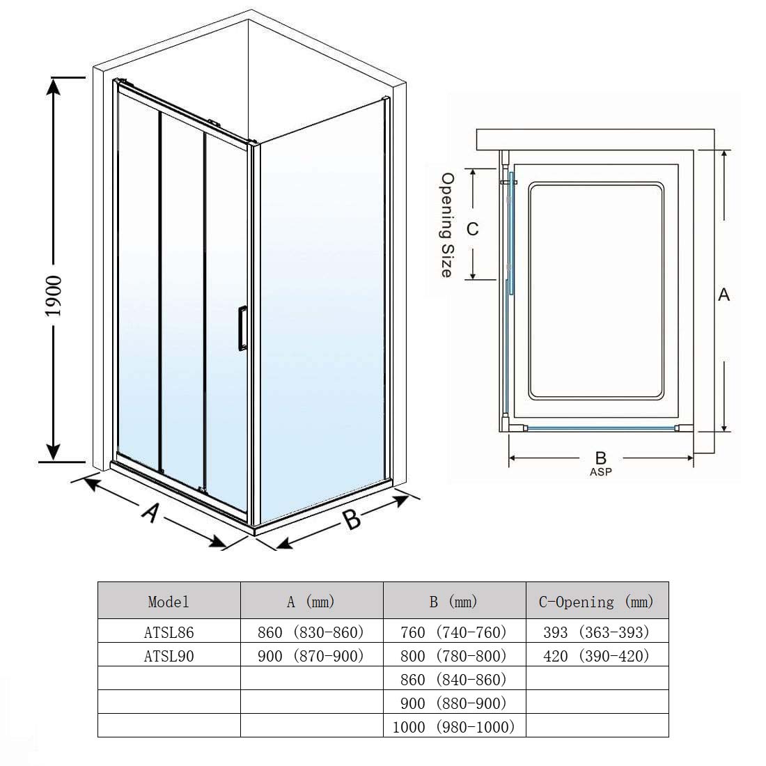 ELEGANT SHOWERS 3 Panel Sliding Door with Side panel Shower Enclosure