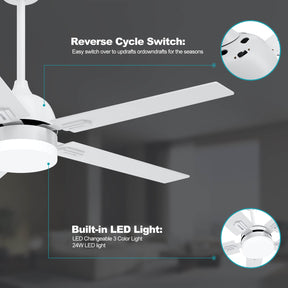 White 1320mm With 3 Colors LED Light 5 Blades Ceiling Fan AC Motor