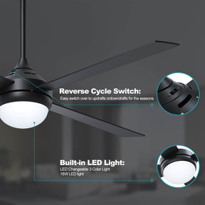 Black 1320mm With 3 Colors LED Light 4 Blades Ceiling Fan AC Motor