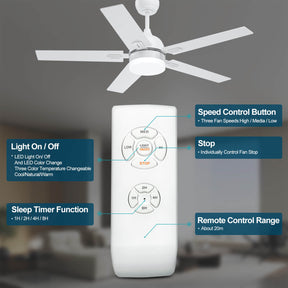 White 1320mm With 3 Colors LED Light 5 Blades Ceiling Fan AC Motor