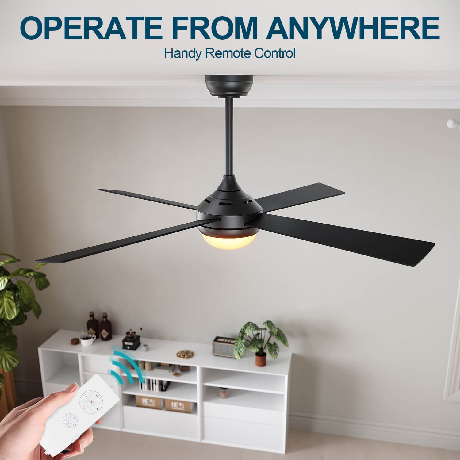 Black 1320mm With 3 Colors LED Light 4 Blades Ceiling Fan AC Motor