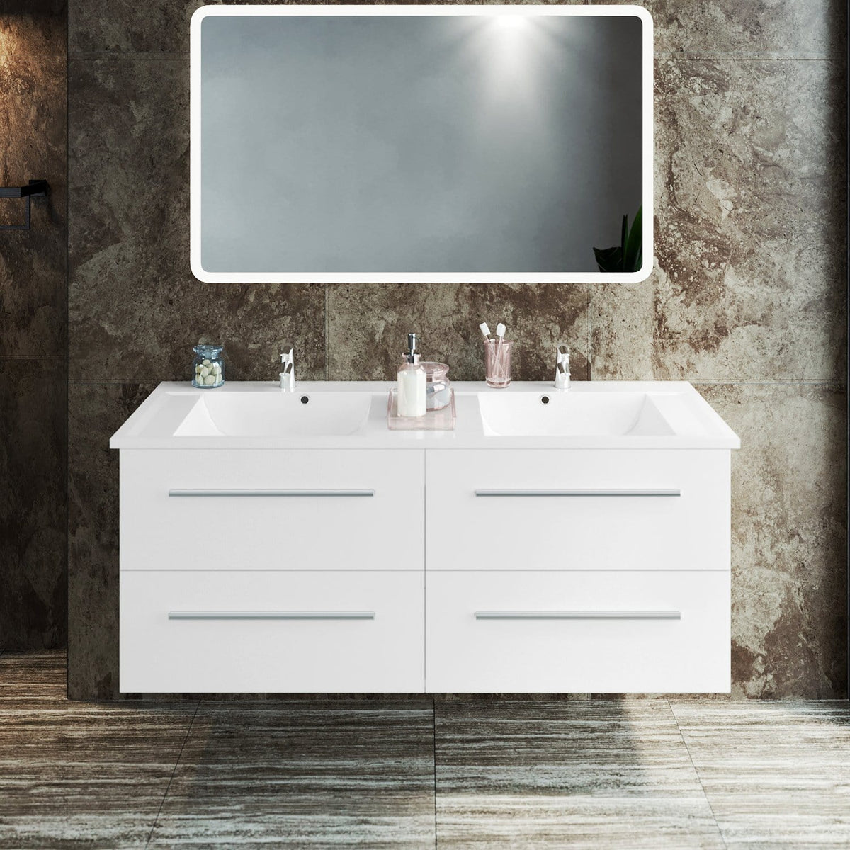 industrial style vanity cabinets with black faucets