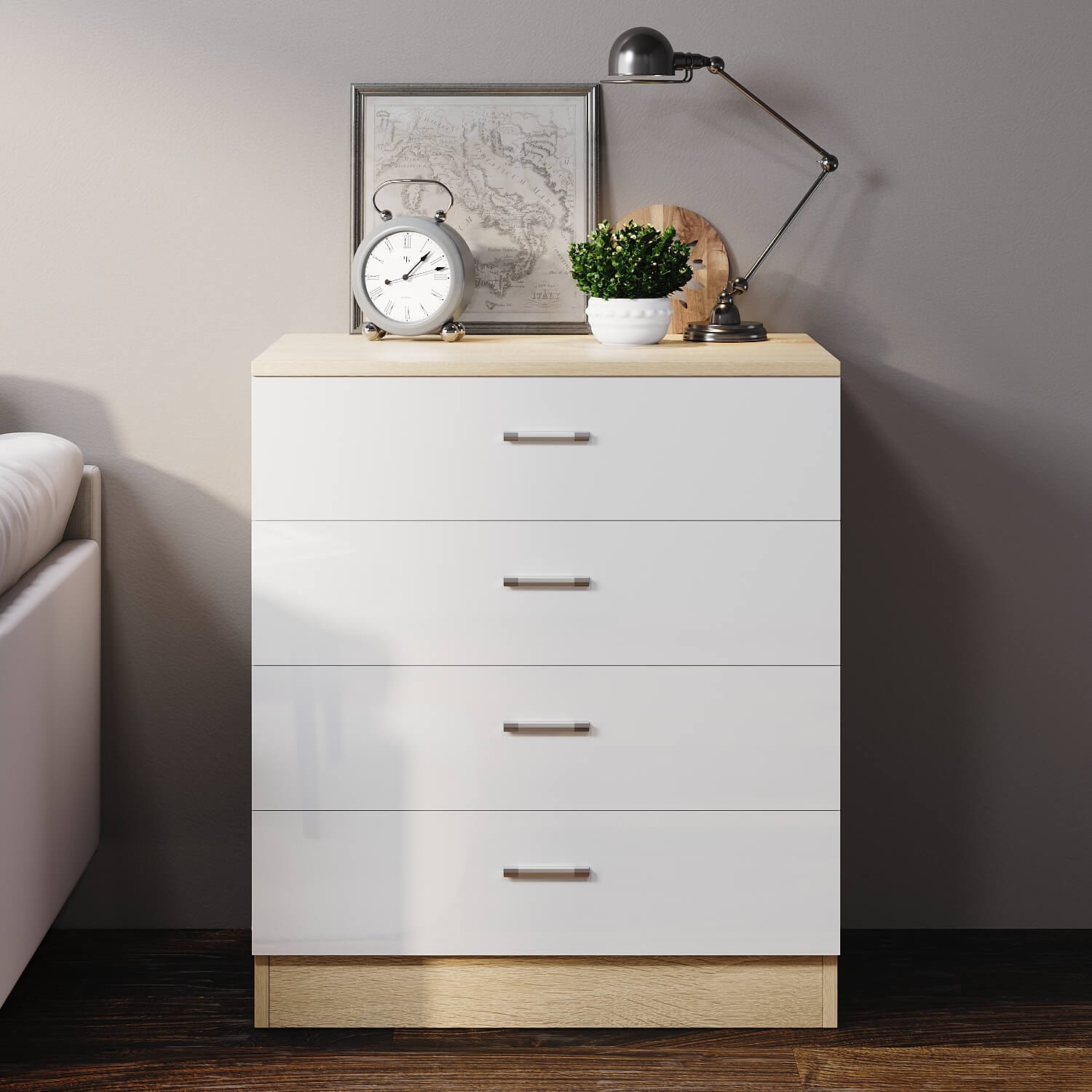 ELEGANT SHOWERS Four Drawer Bedside Table White &Oak